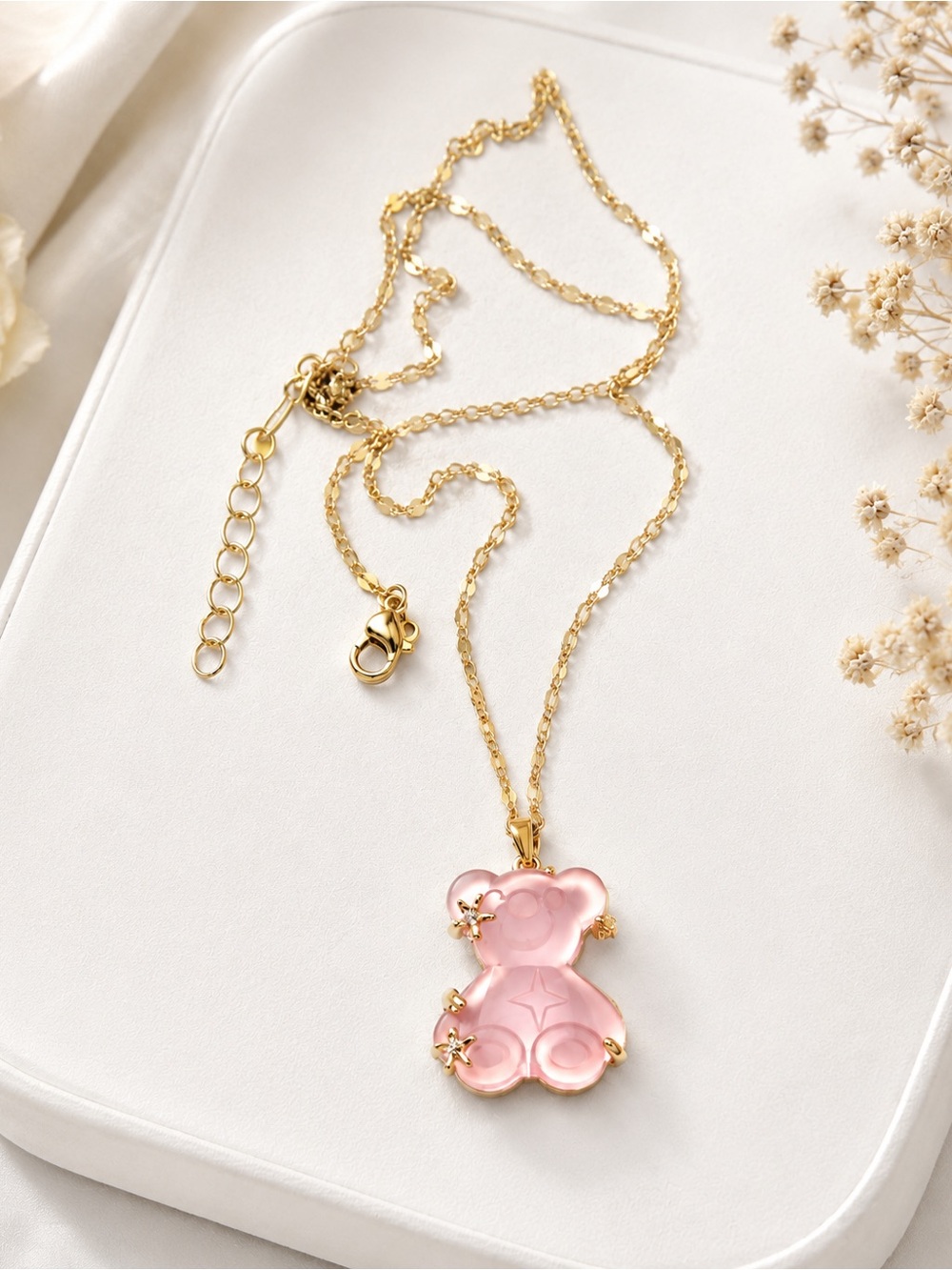 Gold and Pink Bear Pendant Necklace 316L